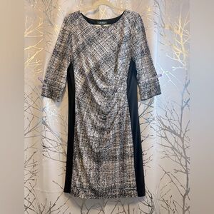 Lauren Black,Cream and White Sheath Dress with Cowl Neck and 3/4 length Sleeves